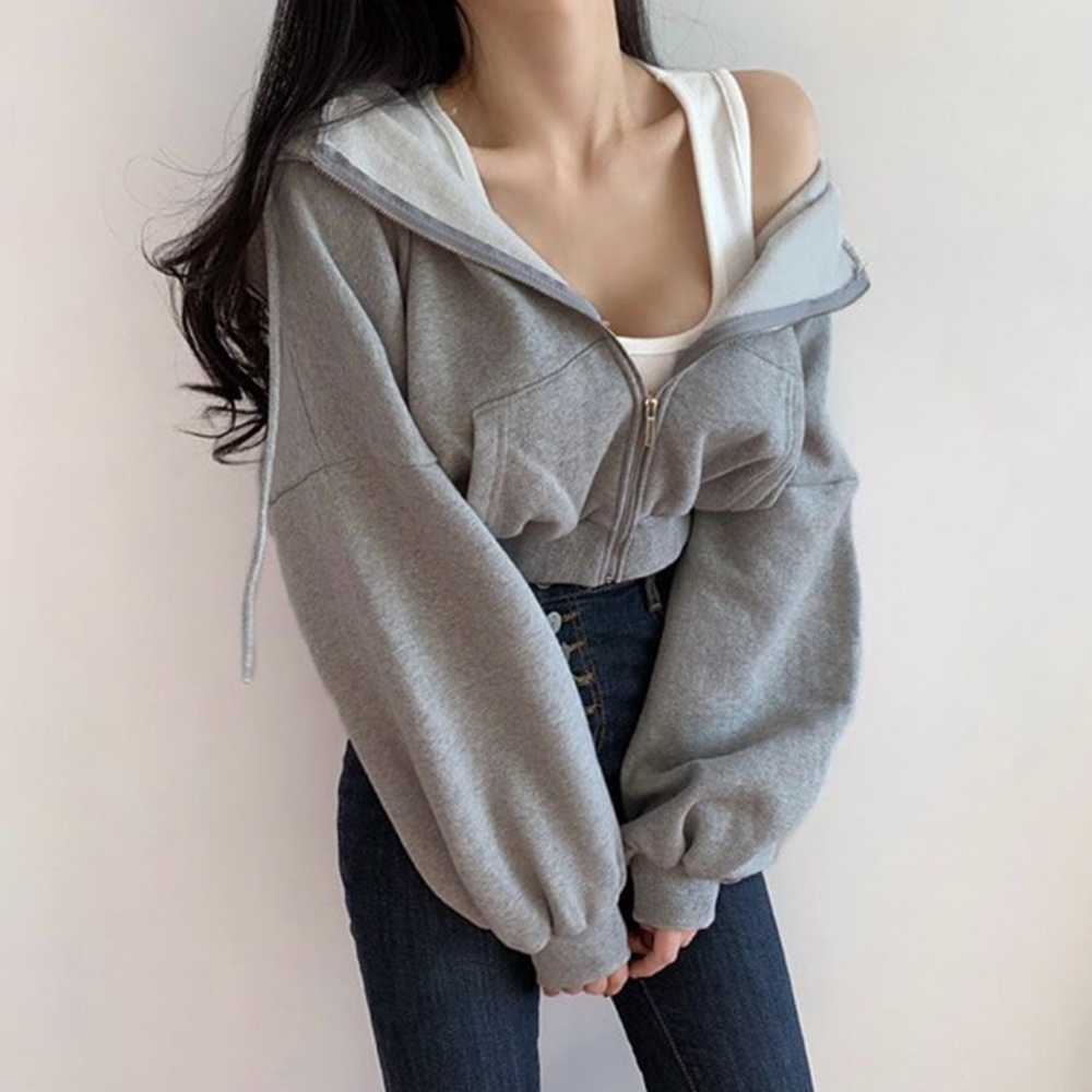YesStyle Cropped Gray Hooded Jacket Classic Design